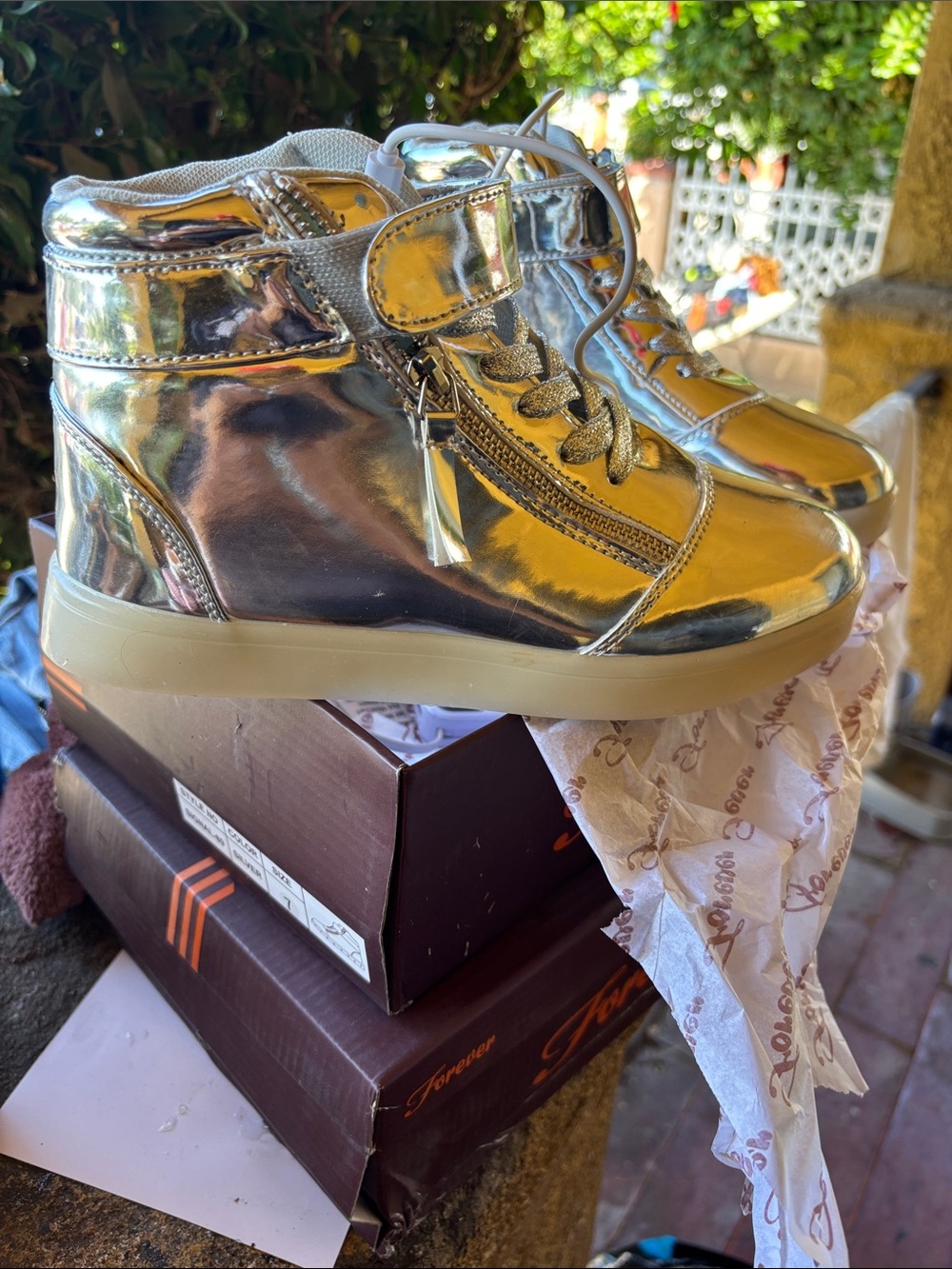 Metallic Silver High-Top Sneakers light up with Side Zip and Velcro Strap